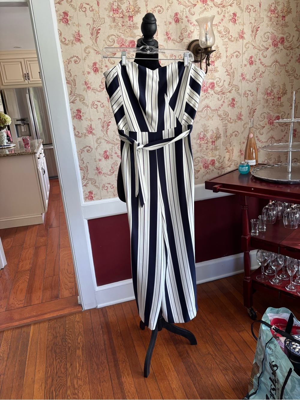 H&M Navy and White Vertical Stripe Jumpsuit with Tie Waist